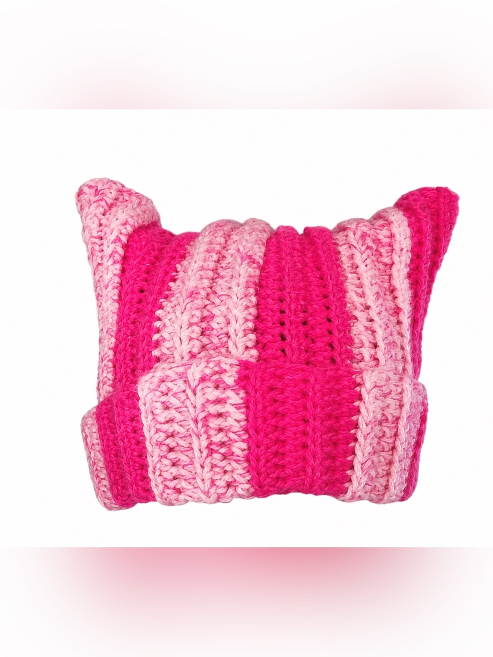 Handmade Pink Striped Crochet Cat Ear Beanie